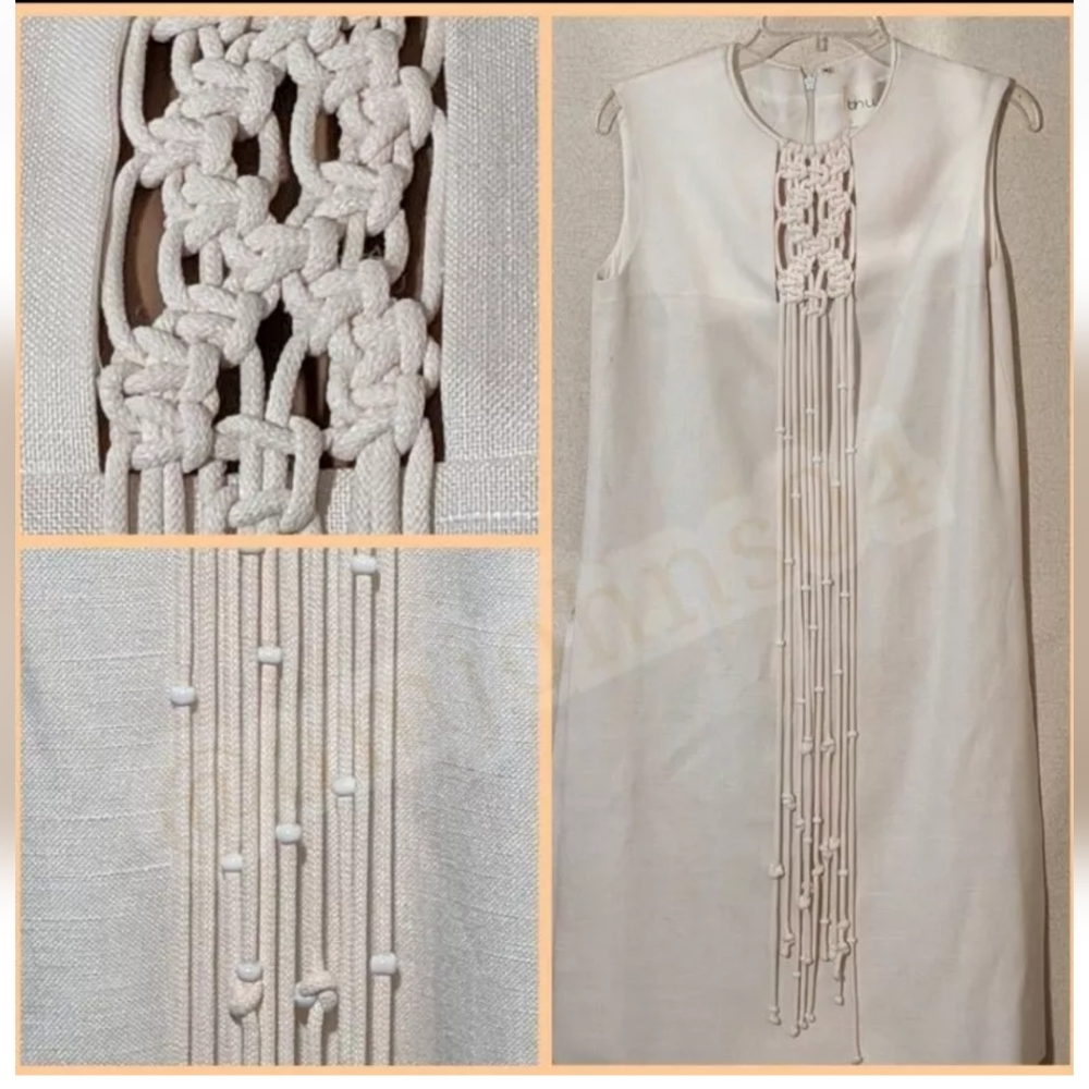 BH Wragge Vtg Midi Shift Rope Fringe Macrame Beaded Off White Midi Dress - Picture 7 of 15